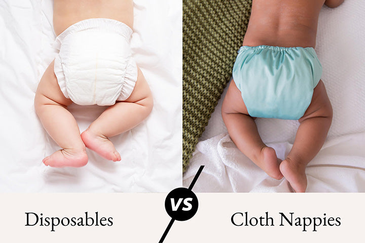 Two babies laying on a bed. One is wearing a disposable and the other is wearing a cloth nappy. Text reads, Disposables vs Cloth Nappies.