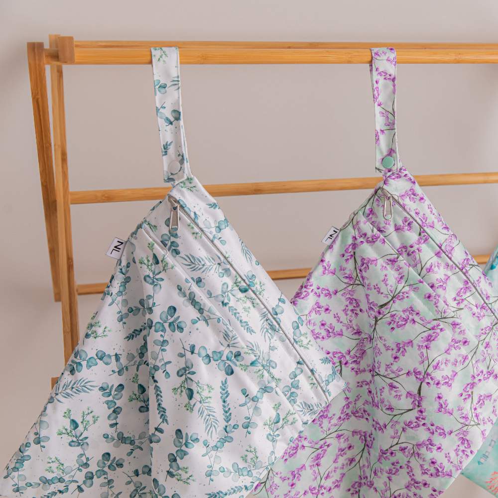 Eucalyptus wet bag hanging from wooden clothes horse