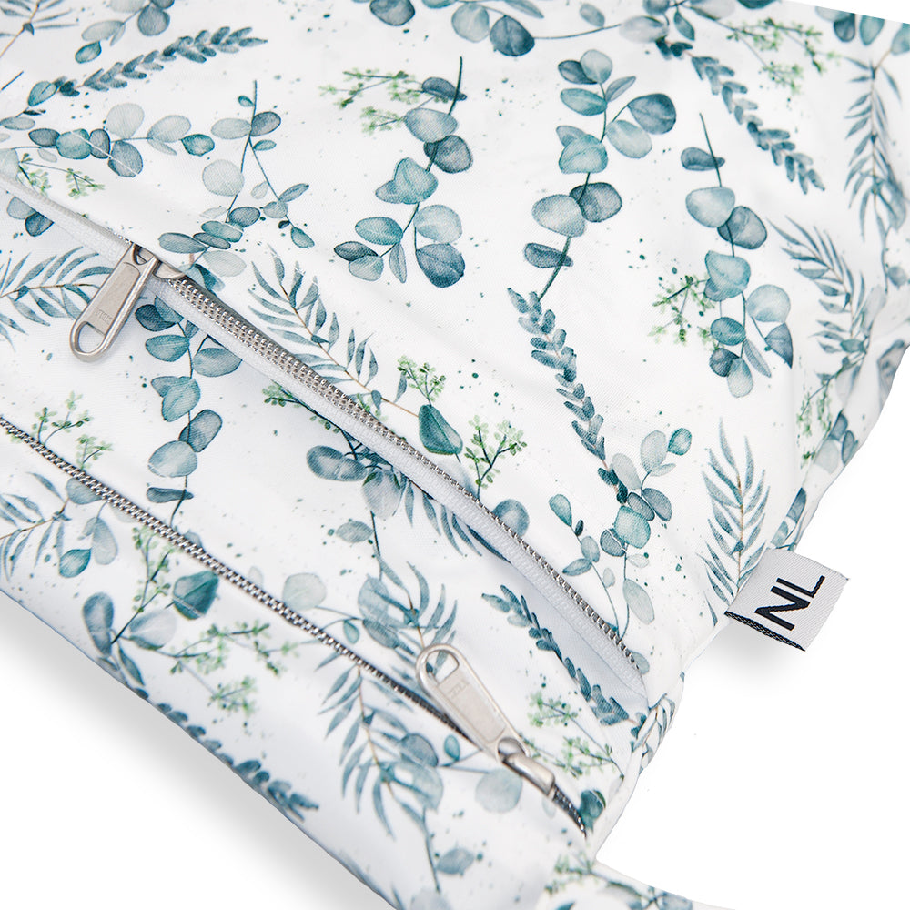 Close up product image of NappyLuxe cloth nappy wet bag - eucalyptus print